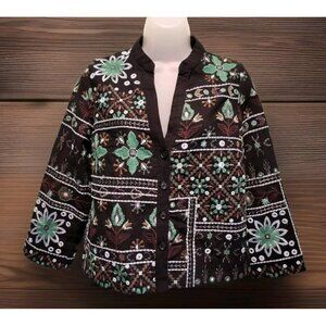 Zara Black Green Embroidered Multi Pattern Button Up Boxy Crop Jacket S Boho